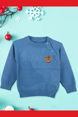 Baby Moo Unisex Kids Blue & Brown Embroidered Cotton Pullover