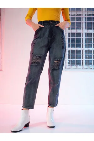 Sassafras Women Navy Blue Cotton Relaxed High-Rise Highly Distressed Stretchable Jeans