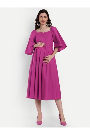 Checked Square Neck Puff Sleeves Maternity Fit & Flare Midi Dress