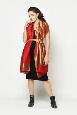 La Vastraa Women Maroon Red & Golden Woven Design Reversible Woolen Shawl