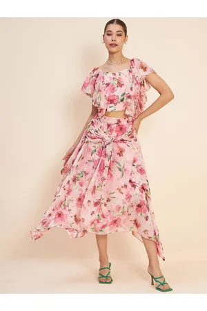 Antheaa Floral Printed Ruffled Crop Top & Skirt