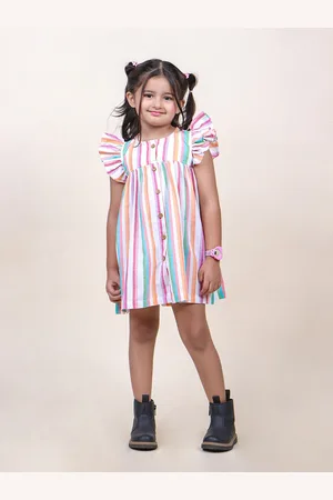 Jilmil Girls Candy Striped Flutter Sleeves Cotton A-Line Mini Dress