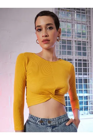 Sassafras Women Mustard Yellow Solid Cropped Twisted Knot Top