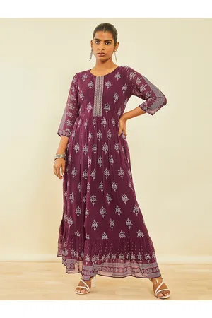Soch Ethnic Motifs Printed Gathered Georgette Fit & Flare Maxi Ethnic Dress