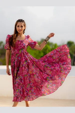 Ambraee Floral Printed Square Neck Puff Sleeves Tiered Organic Cotton Fit & Flare Dress