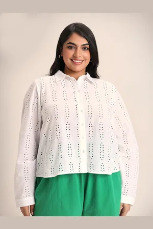 20Dresses Plus Size White Opaque Self Design Schiffli Casual Shirt