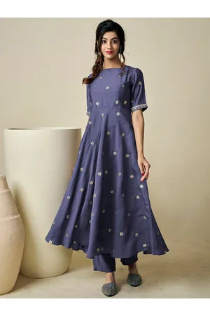 Inddus Floral Embroidered Sequinned Chanderi Cotton A-Line Kurta with Trousers