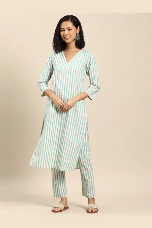 anayna Women Striped Regular Pure Cotton Kurta with Trousers