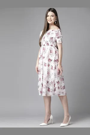 Aarika Floral Print Off-Shoulder Smocked Georgette Fit & Flare Dress