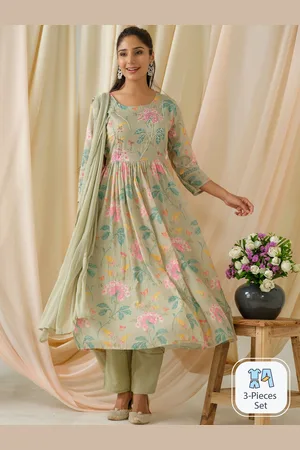 Sangria Green Floral Printed Beads & Stones Anarkali Kurta With Trouser & Dupatta