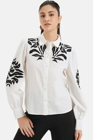 Kazo Relaxed Opaque Floral Embroidered Cotton Casual Shirt