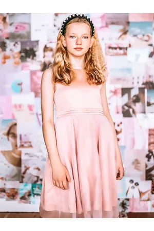 Cherry Crumble Girls Peach-Coloured Net Solid Fit & Flare Dress