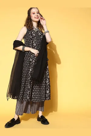 anayna Women Black Printed Panelled Pure Cotton Kurta with Churidar & With Dupatta