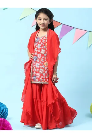 Biba Girls Floral Print Thread Work Kurta with Sharara & Dupatta