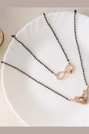Jazz and Sizzle Set Of 2 Rose Gold-Plated Black AD-Studded & Beaded Mangalsutra