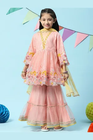 Biba Girls Ethnic Motifs Embroidered Sequinned Kurta With Sharara & With Dupatta