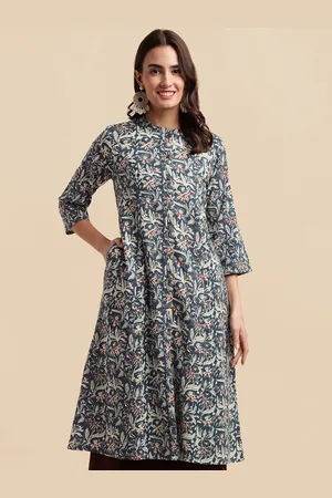 Mirchi Fashion Navy Blue Floral Printed Thread Work Band Collar A-Line Cotton Kurta