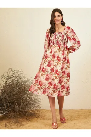 Rare Fashion Floral Print Puff Sleeve Georgette A-Line Dress