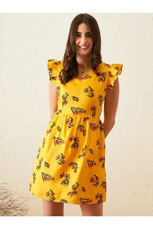 Rare Fashion Floral Print Flutter Sleeve Crepe Fit & Flare Dress