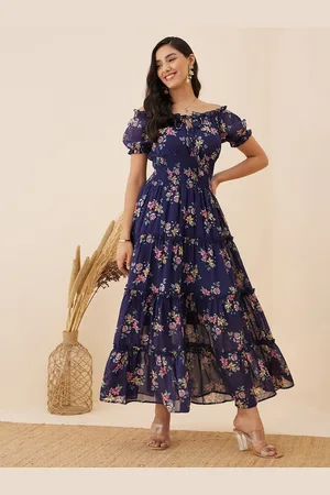 Rare Fashion Navy Blue Floral Print Off-Shoulder Puff Sleeve Smocked Maxi Dress