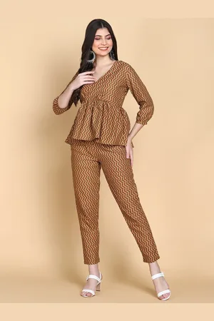 HERE&NOW Beige Printed Pure Cotton Peplum Top & Trouser