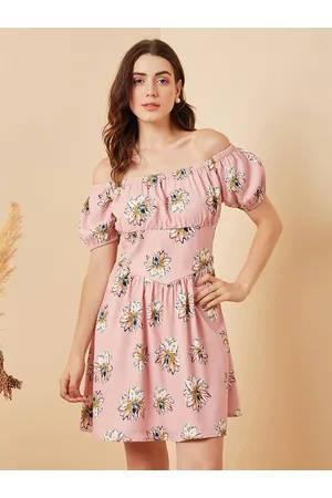 Rare Fashion Peach-Coloured & Yellow Floral Printed Smocked Off-Shoulder Puff Sleeves A-Line Dress