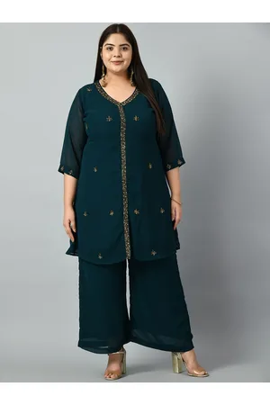 DesiNoor Plus Size Floral Embroidered Beads & Stones Kurta with Palazzos