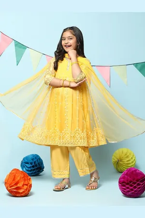 Biba Girls Floral Embroidered Thread Work Kurta with Palazzos & Dupatta