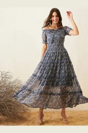 Rare Fashion Floral Print Off-Shoulder Puff Sleeve Chiffon Fit & Flare Maxi Dress