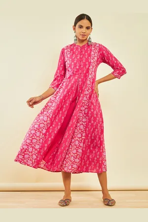 Soch Floral Printed Mandarin Collar Gotta Patti Cotton A-Line Ethnic Dress