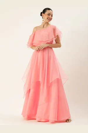 Ethnovog Floral Embroidered One Shoulder Flared Sleeves Layered Organza Gown