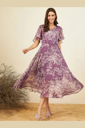 Rare Fashion Floral Print Flared Sleeve Chiffon Fit & Flare Midi Dress