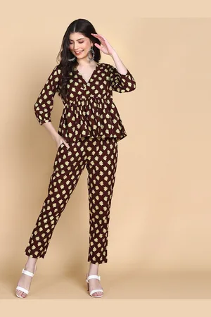 HERE&NOW Brown Printed Pure Cotton Peplum Top & Trouser