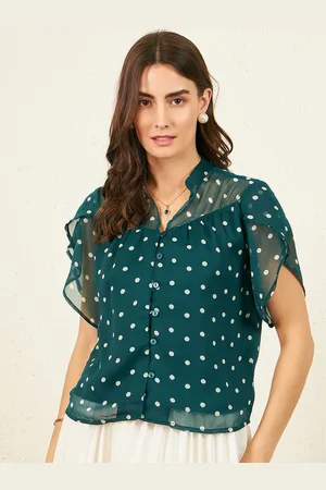Rare Fashion Polka Dots Printed Mandarin Collar Flutter Sleeve Shirt Style Top