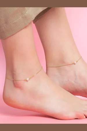 Zavya Women Set of 2 Gold-Plated Pearl Studded Sterling Silver Anklets