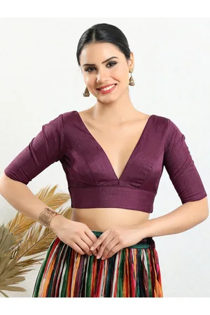 SALWAR STUDIO Silk V-neck Readymade Padded Blouse with Short Sleeves