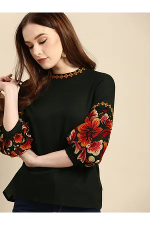 all about you Women Black Floral Print Mandarin Collar Bishop Sleeves Top