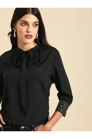 all about you Women Black Solid Tie-Up Neck Regular Top