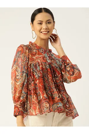 Antheaa Women Rust & Navy Blue Ethnic Motif Print Chiffon Cuffed Sleeves Top