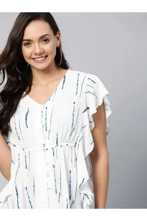Mast & Harbour Women White & Teal Blue Printed A-Line Top