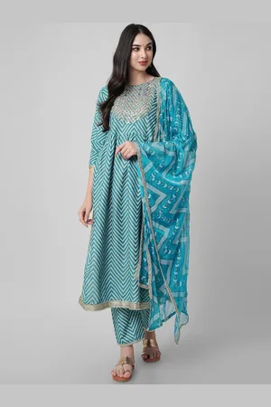 Amayra Chevron Printed Thread Work A-Line Kurta & Trousers with Dupatta