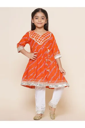 AJ DEZINES Girls Printed Empire Gotta Patti Pure Cotton Anarkali Kurta With Pyjamas