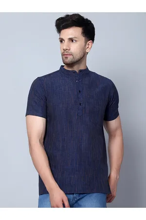 Latest Chikan Garments Band Collar Half Sleeves Indigo Kurta