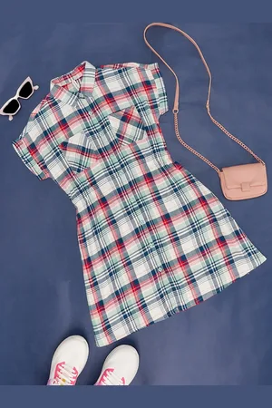 Pantaloons Girls Checked Shirt Collar Extended Sleeve Gathered Cotton Shirt Dress