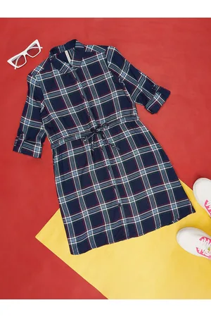 Pantaloons Girls Checked Shirt Collar Roll-Up Sleeves Tie Up Cotton Shirt Dress