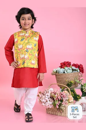 SAKA DESIGNS Boys Mandarin Collar Regular Pure Cotton Kurta With Pyjamas & Jacket