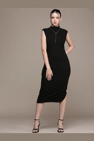 Calvin Klein Solid Ribbed Bodycon Midi Dress With A Side Slit