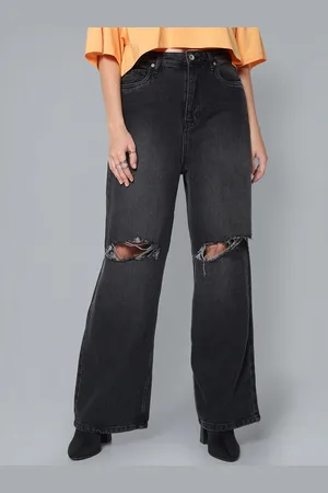 Flying Machine Women Wide Leg Fit High Rise Slash Knee Light Fade Non Stretchable Jeans