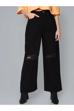 Flying Machine Women Wide Leg High-Rise Slash Knee Jeans