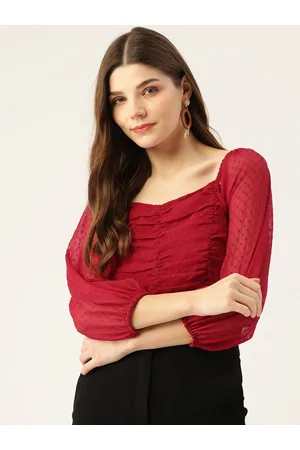 Antheaa Red Self Design Sweetheart Neck Bishop Sleeves Smocked Ruched Net Crop Top